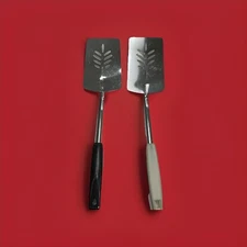 Two unbranded Ekco Like Long Chromium Plate Spatulas with Plastic handle