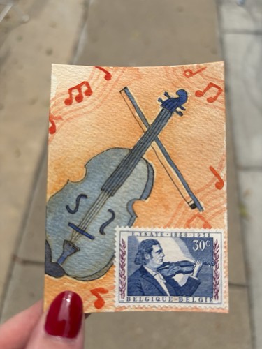 ACEO Original Postage Stamp Music Violin Musical Watercolor ANNYMAREE 2.5x3.5