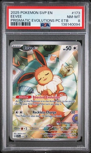 2025 POKEMON PRISMATIC EVOLUTIONS POKEMON CENTER ETB PROMO #173 EEVEE PSA 8