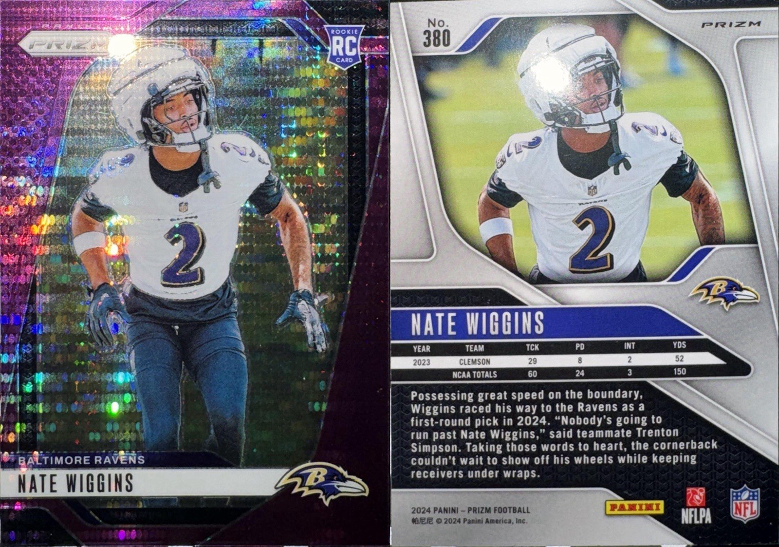 Nate Wiggins 2024 Panini Prizm #380 Rookie Baltimore Ravens Purple Pulsar RC