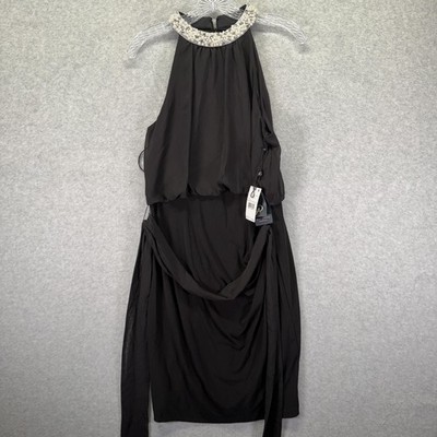 Adrianna Papell Dress Womens 10 Black Pearl Mock Neck Halter Beaded AP1E210524