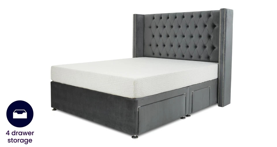 DFS Aldridge Granite Grey Velvet Double 4 Drawer Storage Divan Bed RRP £1599