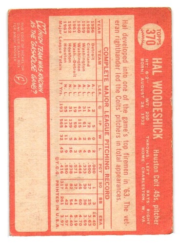 1964 Topps - #370 Hal Woodeshick #370 - Picture 2 of 2