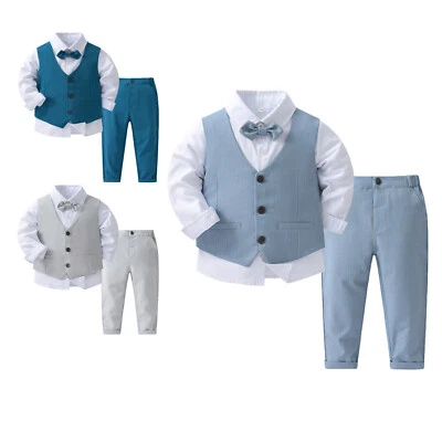 Infant Baby Boy Gentleman Outfit Bow Tie Long Sleeve Shirt Vest Pant Formal Suit