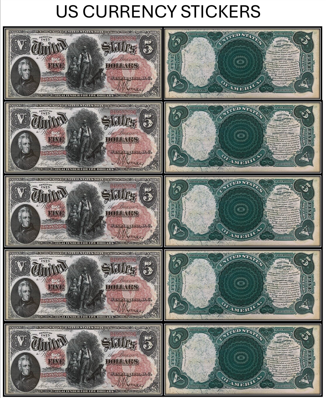 1875 Sticker $5 Five Dollar 1875 Legal Tender Note (US CURRENCY STICKERS) (Lot Of 5 ...