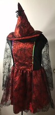2 Pc. Girls Red  Black Spider Witch Halloween Costume  Hat Med Size 8-10 Years