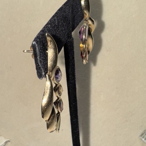 14 K Gold Amethyst Citrine Garnet Peridot Dangle Leaf Earrings 1.5" Long 5.89g - Picture 6 of 10