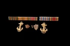 Vintage Military Ribbon Bars & 3 Sterling 1942 WW2 A Shield  pin & 2 Anchor Pins