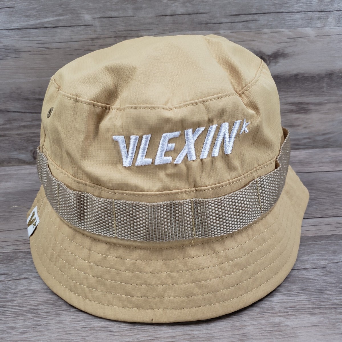 Vlexin Bucket Hat Cap Beige OS Spell Out Logo Gromets Mesh