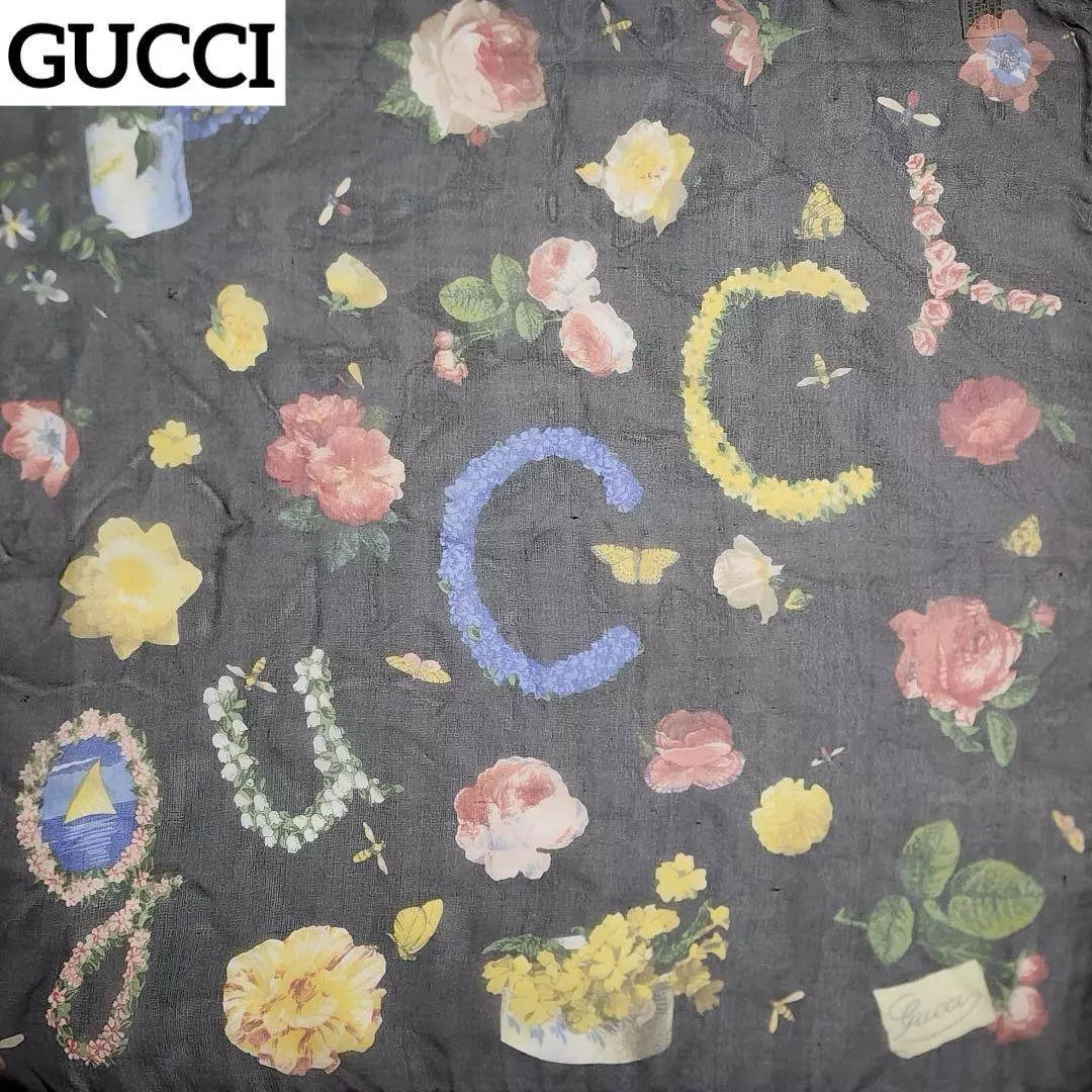 Gucci mini écharpe mousseline fleurs insectes logo soie noir