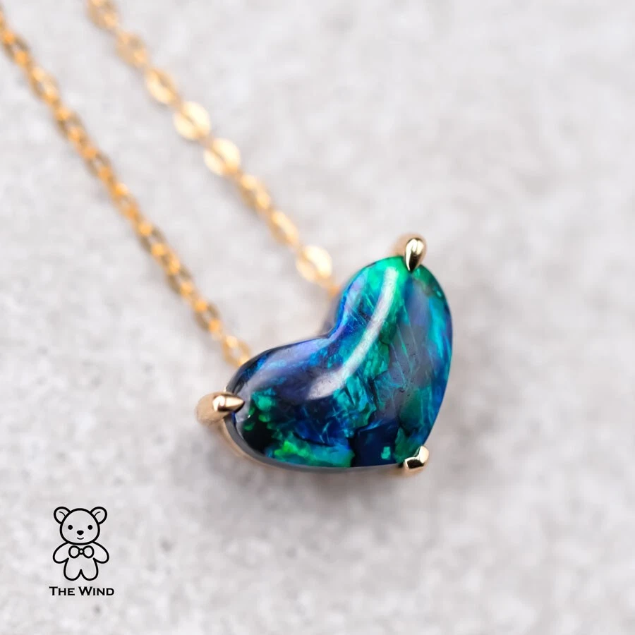 Deep Blue Heart Shaped Australian Black Opal Pendant Necklace 18K