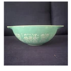 PYREX Butterprint Turquoise White Glass Mixing Bowl With Handles Folk Art Design