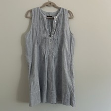 Quince L Large Dress Blue White Striped 100% Linen Sleeveless Pintuck V-Neck