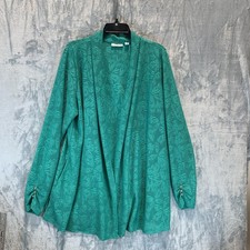Susan Graver Womens Cardigan 3X Kelly Green Sheer Floral Gold Buttons Open Front