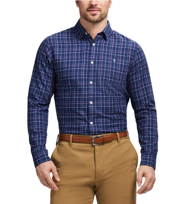 Izod Men's Luxe Twill Button Down Dress Shirt Plaid Dark Blue Size XXL