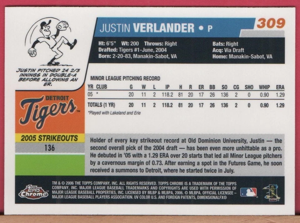 Tarjeta de novato Topps 2006 cromada - Justin Verlander - muy bonita #309 - radiocontrol Foto 2 de 2
