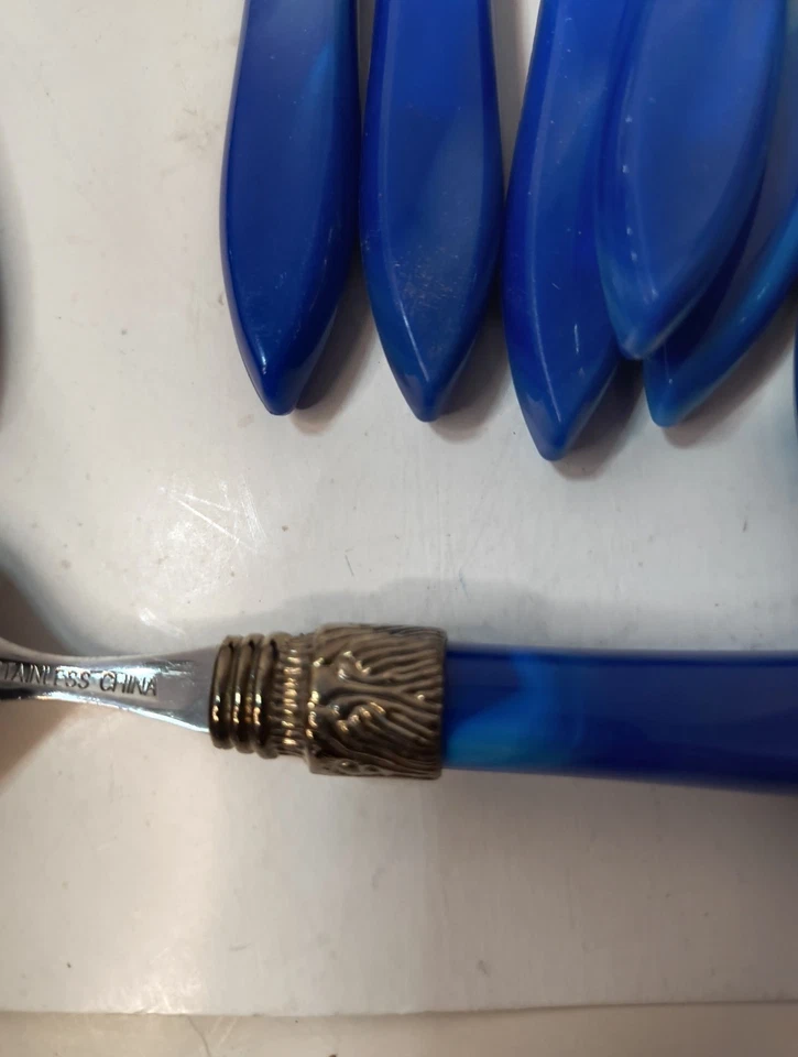 Juego de 40 cubiertos Art Deco estilo vintage Stanley Roberts azul mármol acero inoxidable  Foto 4 de 4