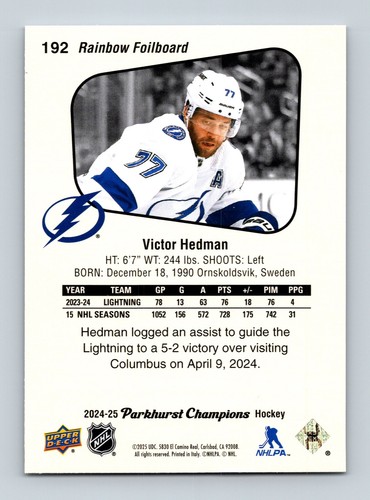 2024-25 Parkhurst Champions Rainbow Foil #192 Victor Hedman Tampa Bay Lightning - Picture 2 of 2