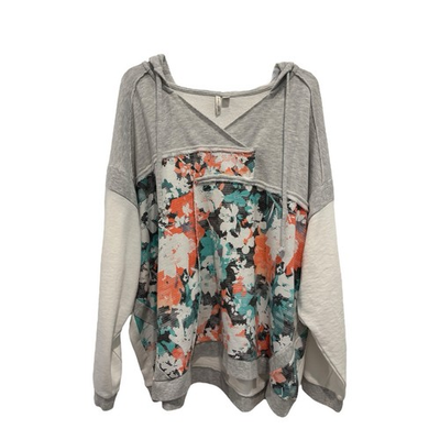 #ad Live Well Lifestyle Hoodie Women 26 28 4X Gray Ivory Floral Pullover Lightweight $21.55
