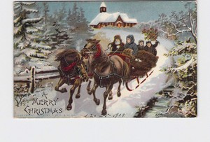 ANTIQUE-POSTCARD-MERRY-CHRISTMAS-HORSES-PULLING-SLEIGH-THROUGH-SNOW-COVERED-LAND
