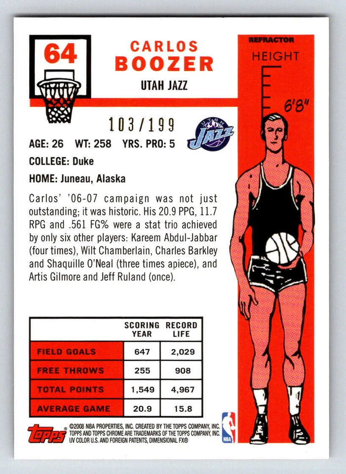 2007-08 Topps Chrome Refractors Orange #64 Carlos Boozer 199 (ref 195827) - Image 2 of 2