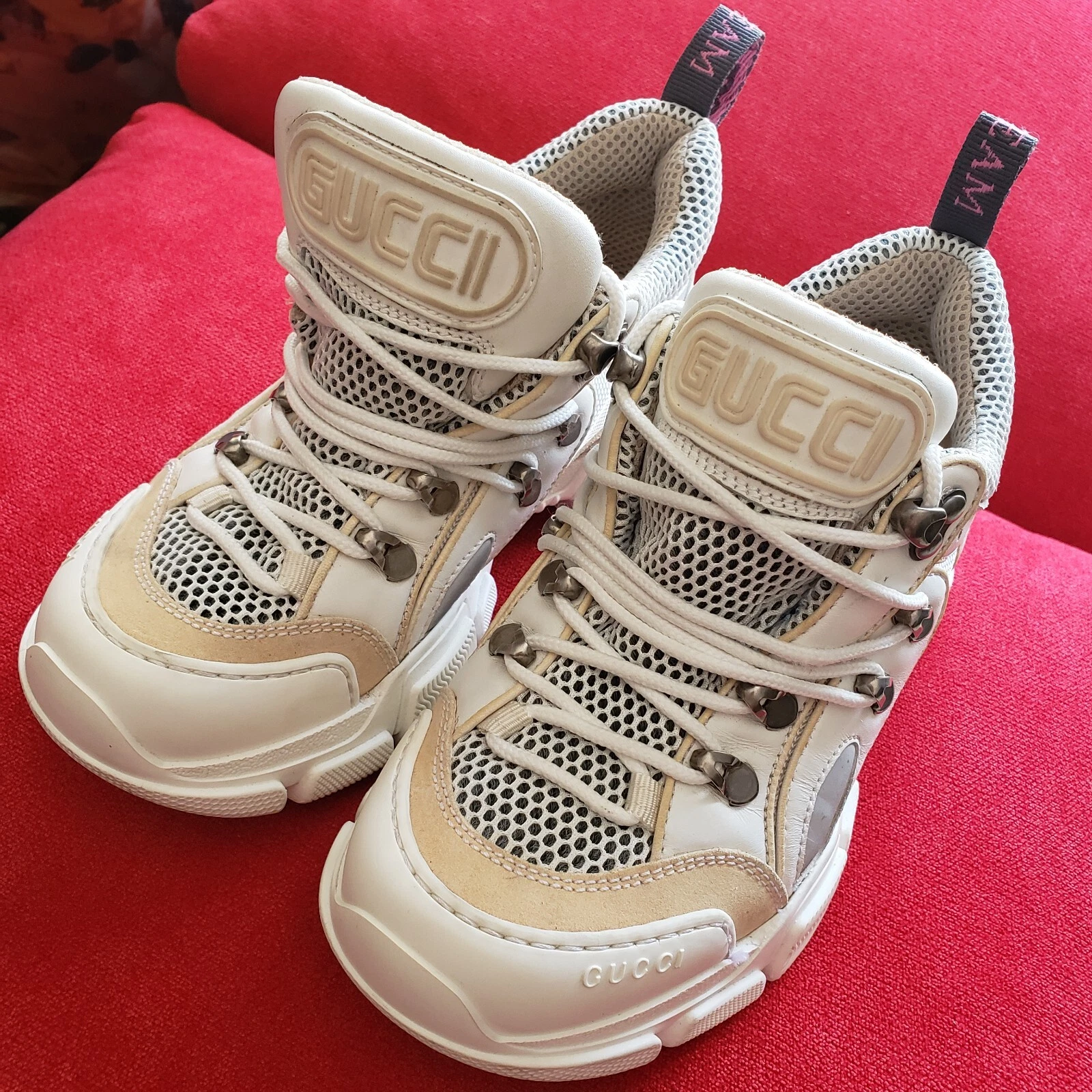 Auth Gucci Baskets Flash Femme Trek Blanc Chaussures Cuir Logo Taille US 5