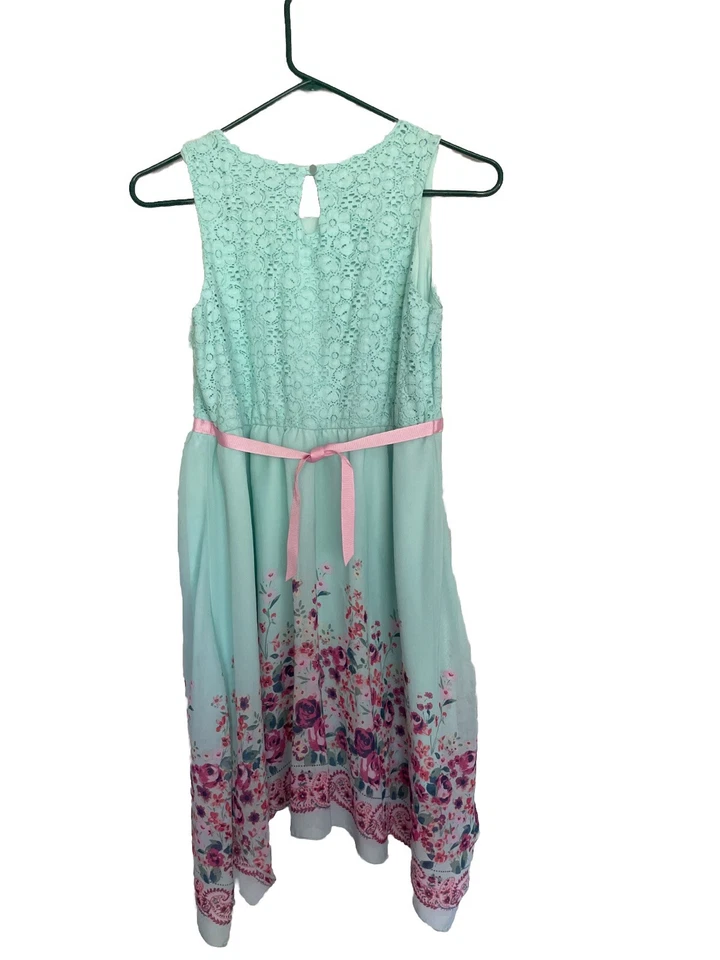 Vestido Rosa Violeta Niñas Verde Azulado Encaje Superpuesto Top Floral Dobladillo Alto Bajo XL 14/16 Foto 4 de 4