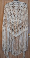 Vintage 1920s-1960s Ivory Silky Floral Piano Shawl With Knotted Lace Fringe