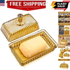Champagne Color Glass Butter Dish with Lid or Countertop and Refrigerator,Cry...