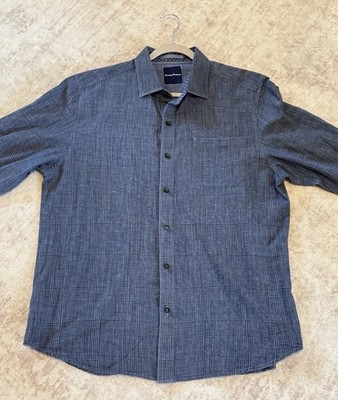 Tommy Bahama Men's L Blue Check Denim-Like Cotton Linen Button-Up Shirt L/S