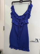 SHEIN Royal Blue Women's Mini Dress Sz L 8/10 Ruffle Off- Shoulder 
