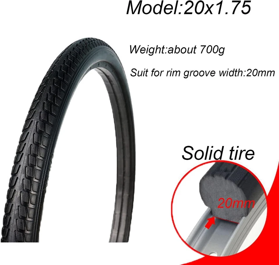 Однотонная велосипедная шина 20x1,75, безвоздушная резиновая шина для 20-дюймовых велосипедов BMX и шоссейных велосипедов - Изображение 3 из 4