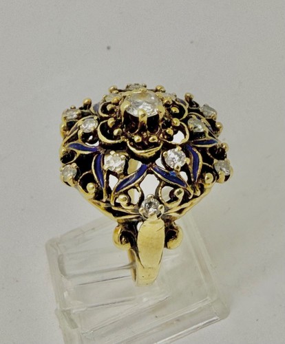 Antique Natural Diamond & Blue Enamel 14k Yellow Gold Ring w/ Card Appraisal 5 - Picture 5 of 9