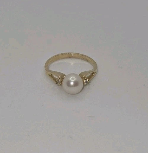 Anel solitário pérola cultivada ouro amarelo 14K pérola e diamante Reeds tamanho 7 em excelente estado usado - Imagem 2 de 4