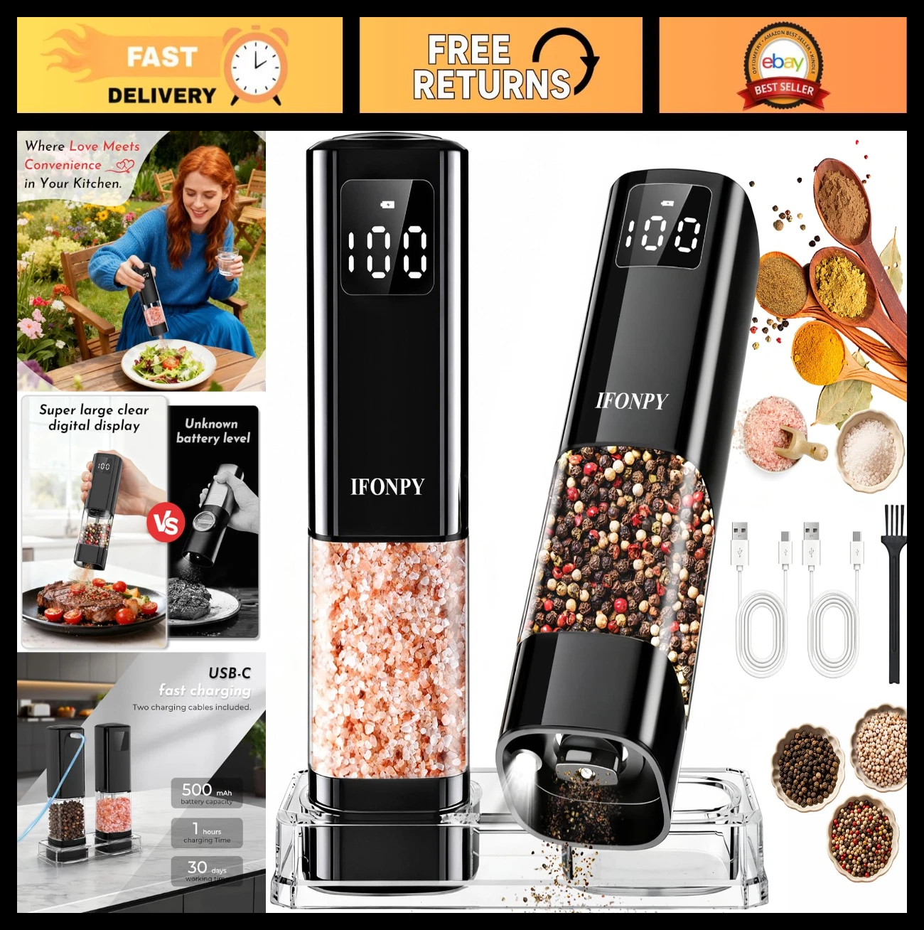 Larger Capacity Rechargeable Electric Salt & Pepper Grinder Set with Digital Dis