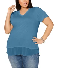 I.N.C Womens Chiffon Trim Tunic Blouse, Blue, Plus Size, 2X