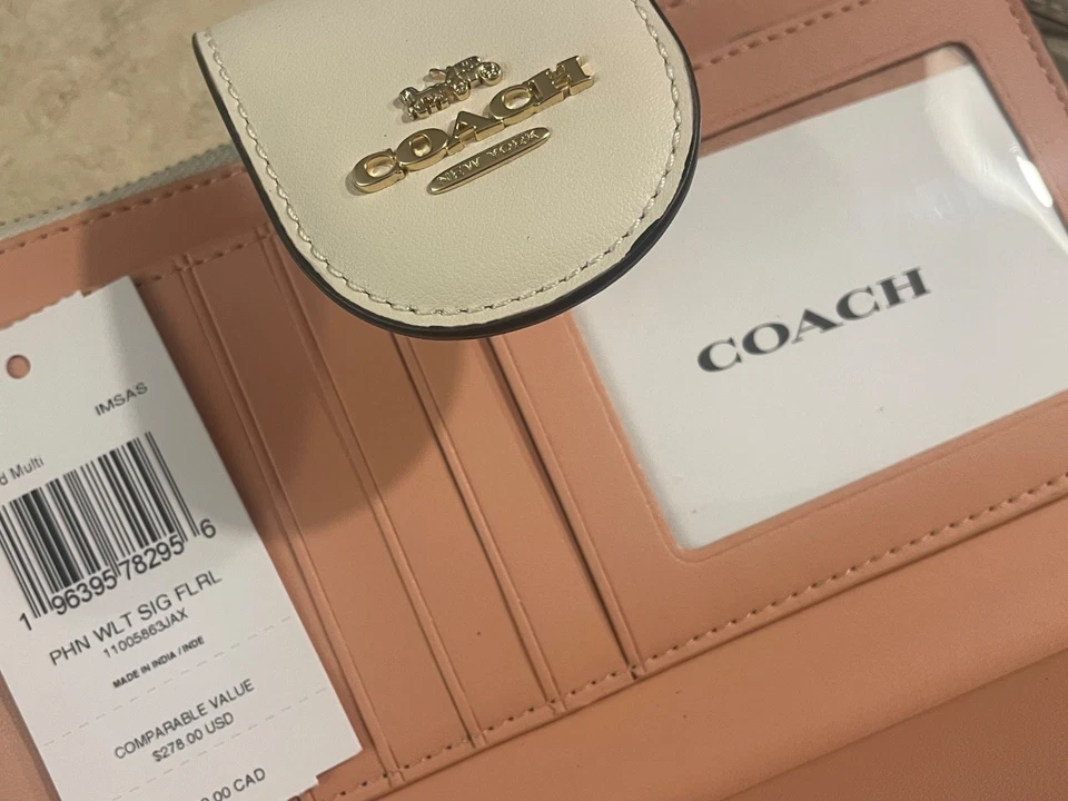 New Coach Tech Phone Wallet Signature leather brown pink Floral Print wristlet - Image 2 of 4