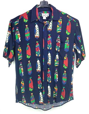 ICI Men's Medium Hawaiian Neck Tie Print Blue Button Button Down S/S Shirt
