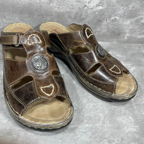 Josef Seibel Brown Leather Open Toe Wedge Heel Women's Slides Hook & Loop Sz 9.5