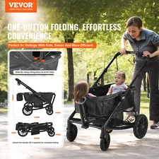 All-Terrain 2-Seat Foldable Wagon Stroller, Canopy, Snack Tray Cup Holders Black