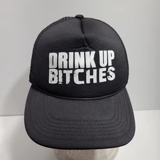 Drink Up Bitches Trucker Hat Mens Black 100% Polyester Flat Brim Mesh Snapback