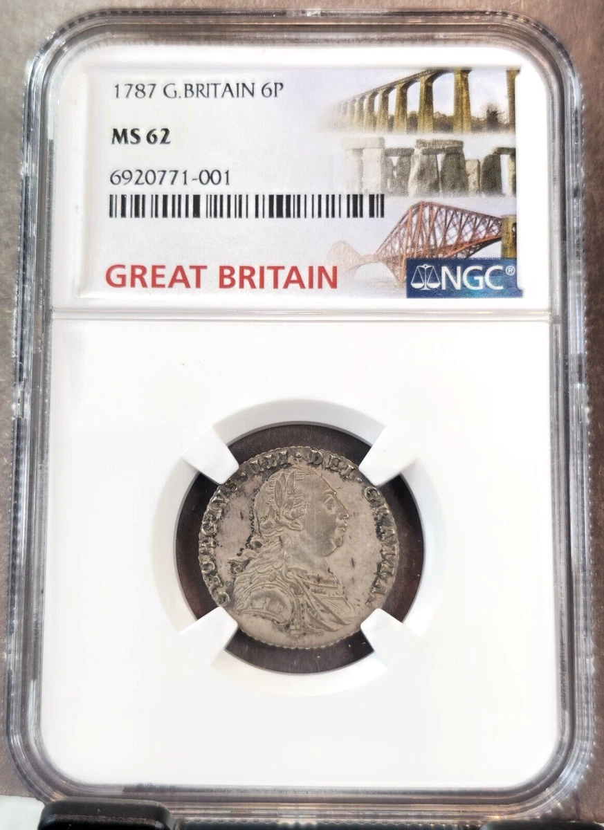 【NGC MS62】1787年 イギリス ジョージ3世 6ペンス 銀貨 単年発行 1787 GREAT BRITAIN 6 PENCE KING GEORGE III NGC MS 62 RARE MINT