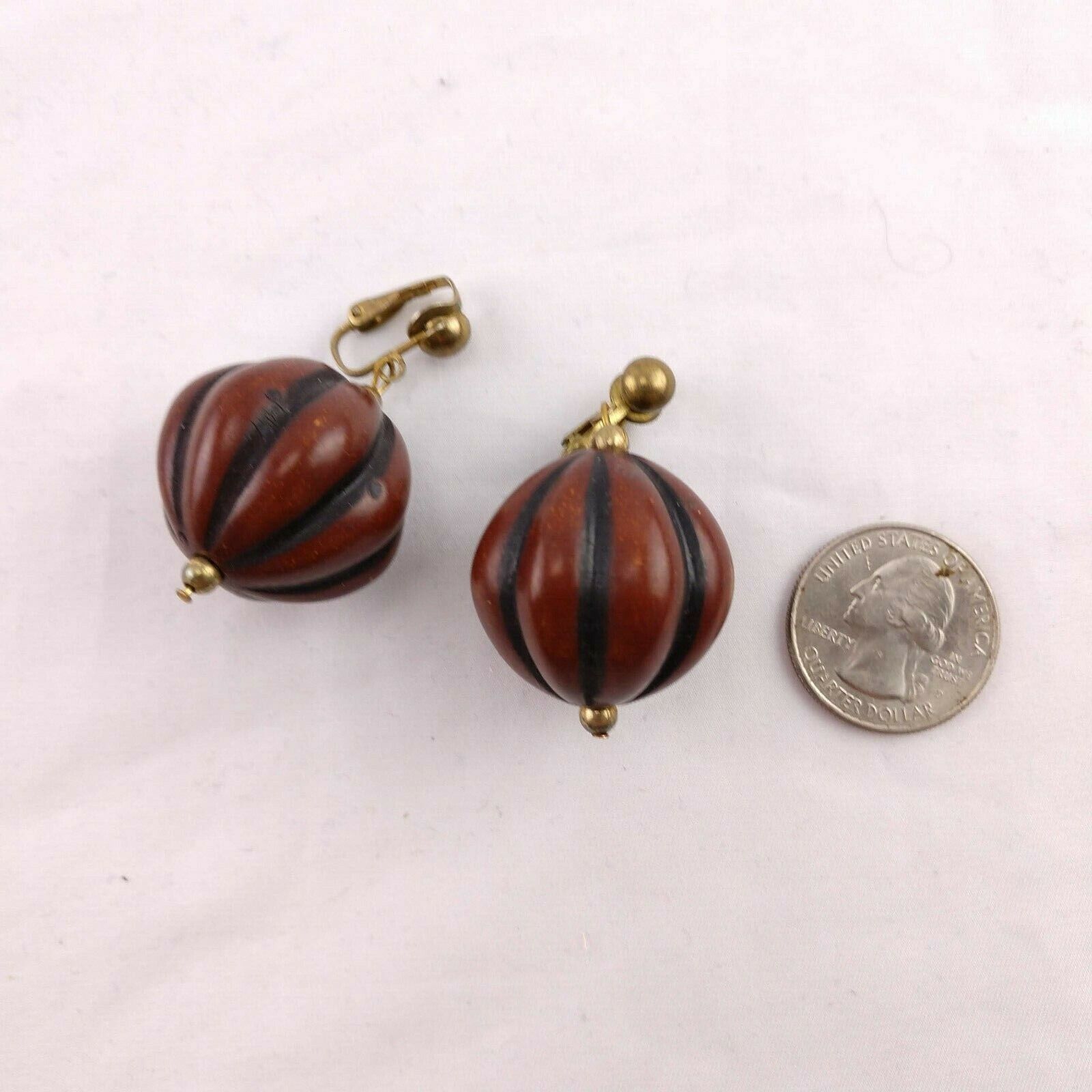 Vintage Drop Earrings Wood Bead Clip On Round 60s… - image 3