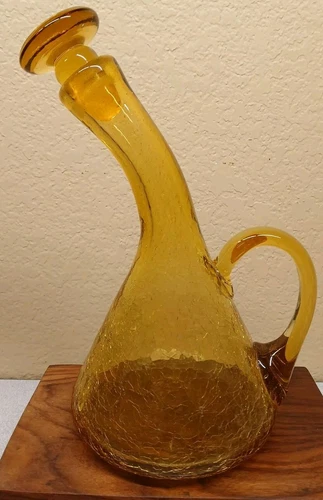 MCM Blenko 948 Crackled Glass Bent Neck Decanter Chartreuse Amber with Stopper
