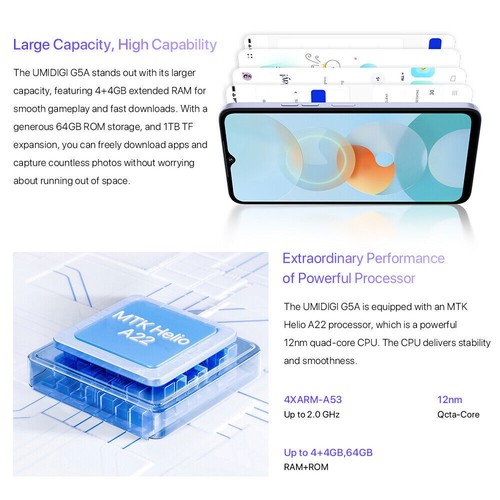 UMIDIGI G5A 4+64Go Smartphone Téléphone Wi-Fi NFC 5000mAh 4G Portable Débloqué - Photo 7/14