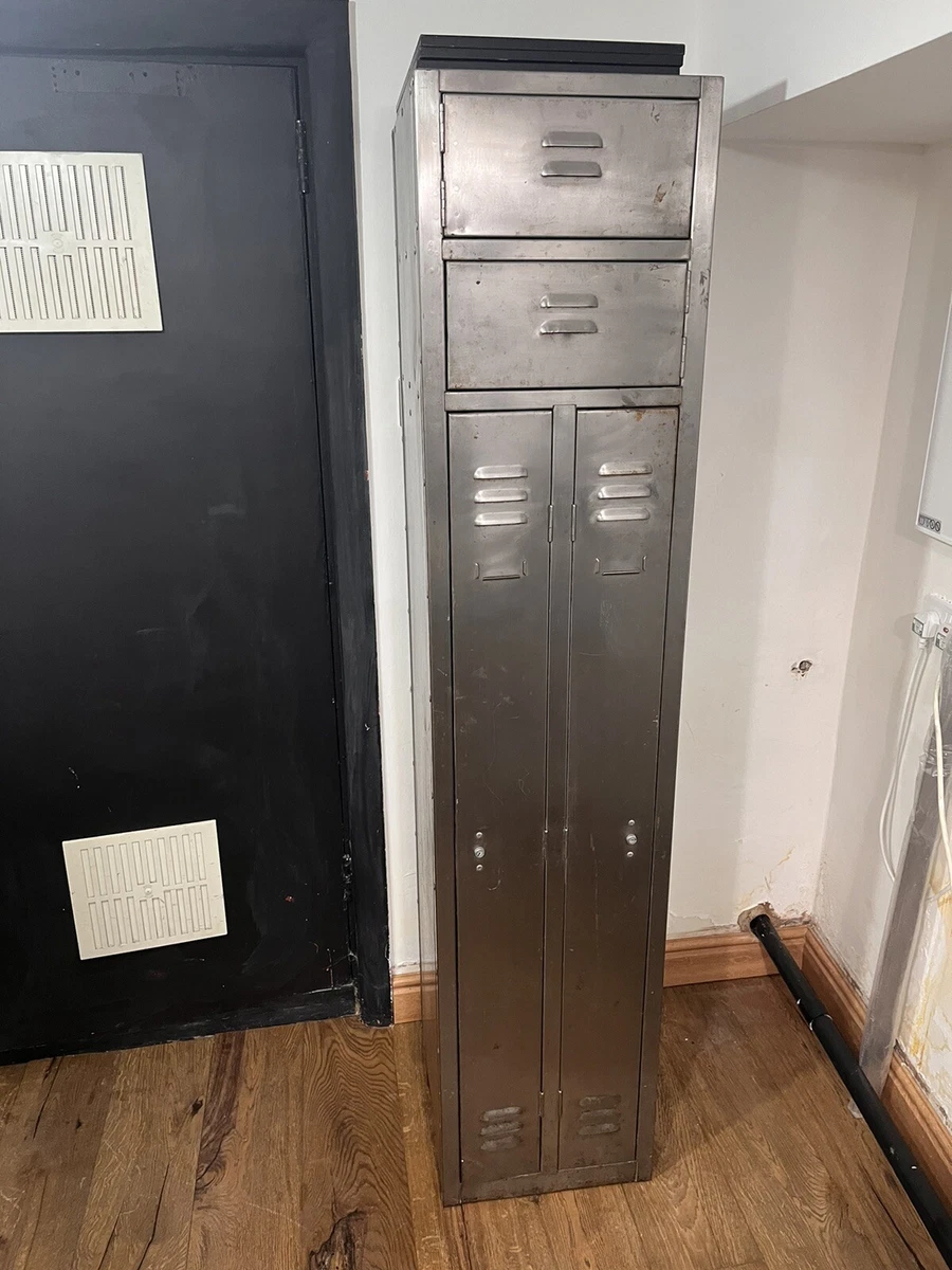 Industrial Metal Storage Locker 2 drawer 2 door. Vintage Antique Polished Steel