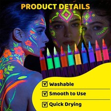 Glow in The Dark Face Paint Markers, 10Colors UV Neon Paint Pens Best Body Q5K1