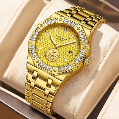 Men's Automatic Watch Full Gold Case/Band Bezel Emblem Dial Date Luxury Watch