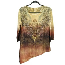 Jess & Jane Elizabeth Tunic Top Womens M Neutral Tones Jersey 3/4 Sleeve Beaded