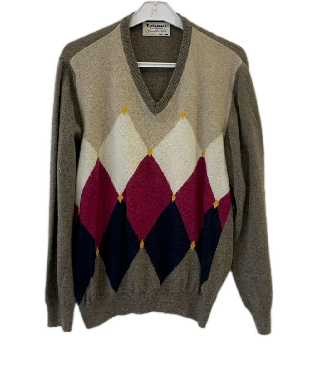 MELAVERDE Wool Argyle Sweater Men’s M/L V-Neck Made in Italy #220